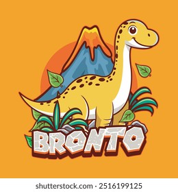 Lindo divertido personaje de dinosaurio Brontosaurus en diseño de ilustración de dibujos animados de Vector dibujado a mano para pegatina, insignia, parche, Anuncio, tarjeta de felicitación, invitación