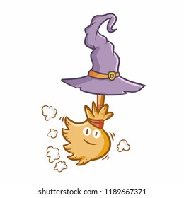 Cute and funny broom wearing witch hat for Halloween - vector.