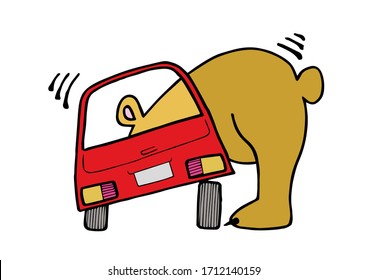 Cute funny brown bear looking inside a red car. Cartoon style vector illustration.