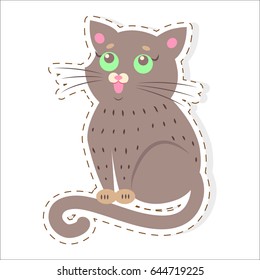 Cute funny brown cat vector flat cartoon sticker or icon outlined with dotted line isolated on white. Adorable kitten pet illustration for game counters, price tags