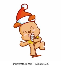 Cute and funny brown dog singing and wearing Santa's hat for christmas - vector.