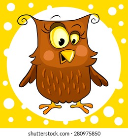 Cute funny brown owl with yellow eyes. Vector illustration on yellow background with white circle