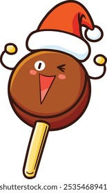 Cute and funny brown popsicle cartoon character wearing santa's hat celebrating christmas