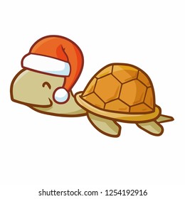 Cute and funny brown turtle smiling and wearing Santa's hat for christmas - vector