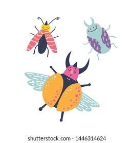 Cute and funny bug set in cartoon style, . Character insects collection for kids design, poster, card, web. Vector illustration, all elements are isolated