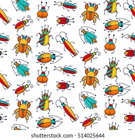 Cute funny bugs insects beetles colorful doodles seamless wildlife vector pattern