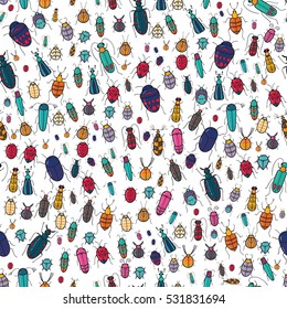 Cute funny bugs insects beetles colorful doodles seamless wildlife vector pattern