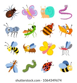 Cute and funny bugs, insects vector collection. Cartoon insects set. Illustration of insect grasshopper and caterpillar, ant and dragonfly