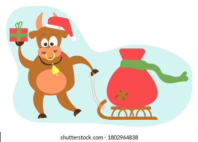 cute and funny bull with a gift in one hand and a sled with a bag in the other hand. Symbol of Christmas and New Year 2021. Flat illustration.