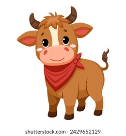 Cute funny bull, happy little calf. Сute farm animal isolated on white background. Flat vector illustration.