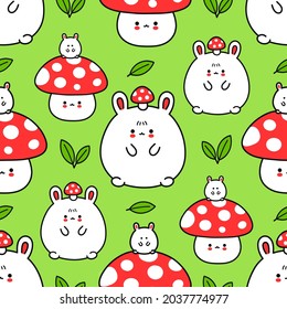 Cute funny bunny and amanita mushroom seamless pattern. Vector hand drawn cartoon kawaii character illustration wallpaper icon. Bunny,rabbit, amanita mushroom, mushrooming seamless pattern concept