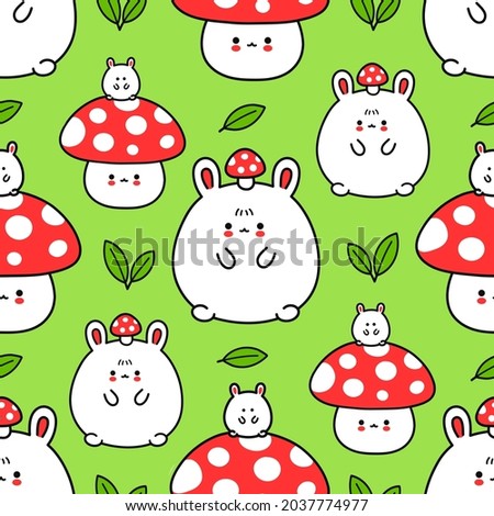 Cute funny bunny and amanita mushroom seamless pattern. Vector hand drawn cartoon kawaii character illustration wallpaper icon. Bunny,rabbit, amanita mushroom, mushrooming seamless pattern concept