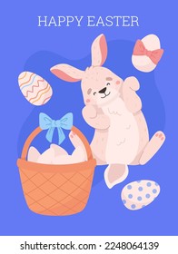 Cute and funny bunny with basket of decorated eggs, Easter greeting card, flat vector illustration. Cartoon character of funny rabbit lying on back. Spring holiday celebration poster.