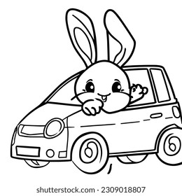 A cute and funny bunny in a car