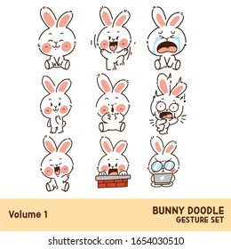 Cute Funny Bunny Doodle Gesture Character Set Volume 1. Illustration for Print, Decoration, Sticker, Web