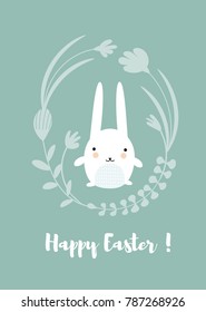 a cute funny bunny happy about spring;  Happy Easter poster or card with a rabbit in floral wreath or frame; flower  background; vector flat cartoon illustration