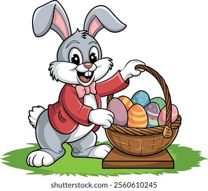 cute funny bunny holding easter eggs basket vector art