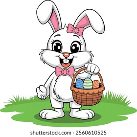 cute funny bunny holding Easter eggs basket