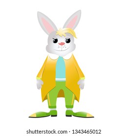 Cute and funny bunny on a white background. Vector illustration of cartoon character. Rabbit dressed in a jacket  and pants.