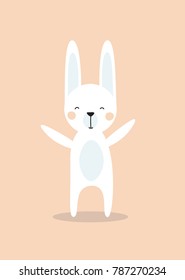 a cute funny bunny smiling and greeting;  Happy Easter poster or card with a rabbit isolated; vector flat cartoon illustration