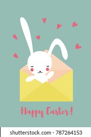 a cute funny bunny smiling and sending hearts and love; rabbit hiding in an envelope; a symbol for a greeting;  happy Easter poster or card; vector flat cartoon illustration