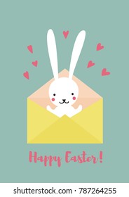 a cute funny bunny smiling and sending hearts and love; rabbit hiding in an envelope; a symbol for a greeting;  happy Easter poster or card; vector flat cartoon illustration