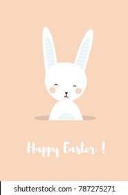a cute funny bunny smiling and sitting or hiding in a hole;  happy Easter poster or card with a rabbit; vector flat cartoon illustration