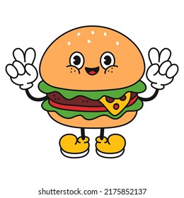 Cute funny burger character. Vector line doodle traditional retro cartoon kawaii character illustration icon. Isolated on white background. Cute burger mascot concept