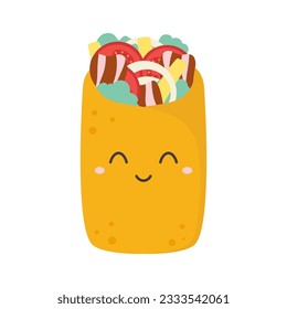 cute funny burrito character isolated on white background, vector cartoon kawaii illustration, fast food concept