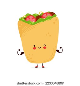 Cute funny Burrito show muscle. Vector hand drawn cartoon kawaii character illustration icon. Isolated on white background. Burrito fitness concept