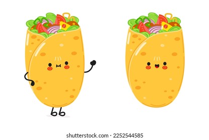 Cute funny burrito waving hand character. Vector hand drawn cartoon kawaii character illustration icon. Isolated on white background. Happy burrito character concept