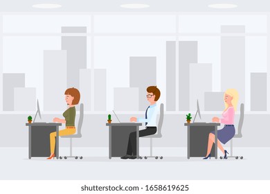 Cute, funny business colleagues sitting at desk, typing on computer, desktop, laptop vector illustration. Man and woman coworkers in office interior cartoon character set