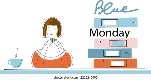  Cute Funny Business Woman Tired And Sleepy. Blue Monday Concept. Vector Doodle Flat Cartoon  Illustration For Banner Social Media