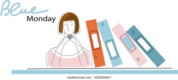  Cute Funny Business Woman Tired And Sleepy. Blue Monday Concept. Vector Doodle Flat Cartoon  Illustration For Banner Social Media