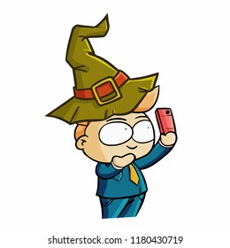 Cute and funny businessman doing selfie with witch hat at Halloween - vector.