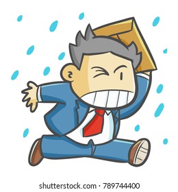 Cute and funny businessman get hurry running on the rain - vector.