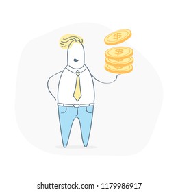 Cute funny businessman with stack of gold coins in hand. Financial success, profit, earnings, income, currency. Giving, receiving take money. Concept of charity Flat outline hand drawn doodle vector.