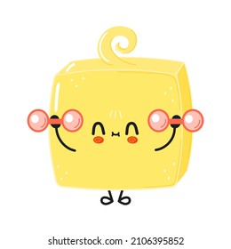 Cute funny butter character and dumbbells  Vector hand drawn cartoon kawaii character illustration icon  Isolated white background  Happy butter character gym concept