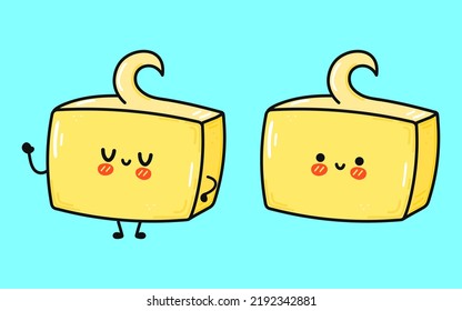 Curiosa mantequilla. Caricatura dibujada a mano del vector icono de ilustración del personaje kawaii. Aislado sobre fondo azul. Concepto de carácter de mantequilla