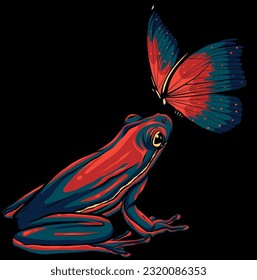 Cute funny butterfly on frog on black background vector illustration
