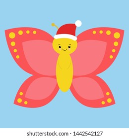 Cute and funny butterfly wearing Santa s hat and smiling - vector. Kawaii Christmas card