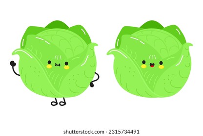 Cute funny Cabbage character. Vector hand drawn cartoon kawaii character illustration icon. Isolated on white background. Cabbage fruit character concept
