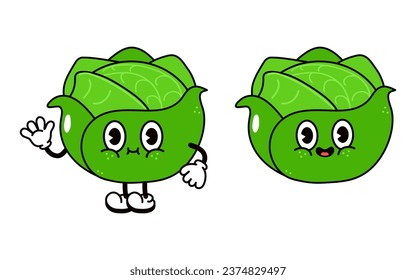 Cute funny Cabbage character. Vector hand drawn traditional cartoon vintage, retro kawaii character illustration icon. Isolated white background. Cabbage character concept