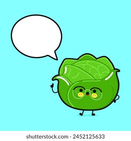 Cute funny Cabbage doing yoga with speech bubble. Vector hand drawn cartoon kawaii character illustration icon. Isolated on blue background. Happy Cabbage character concept