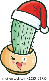 Cute and funny cactus cartoon character in a pot wearing santa's hat celebrating christmas