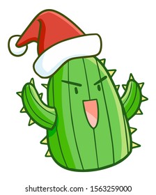 Cute and funny cactus character laughing and wearing Santa's hat for christmas