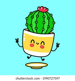 Cute funny cactus character. Vector hand drawn cartoon kawaii character illustration icon. Isolated on blue background. Сactus character concept