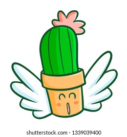 Cute and funny cactus in a pot flying and laughing happily