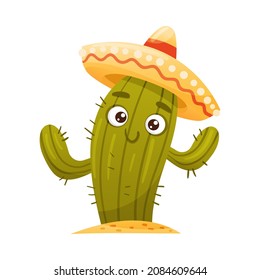 Cute funny cactus in sombrero hat. Mexican culture symbol cartoon vector illustration