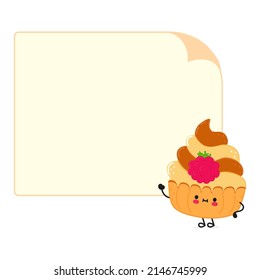 Cute funny cake character with speech bubble. Vector hand drawn cartoon kawaii character illustration icon. Isolated white background. Cupcake character emoji,child,face,kids,cartoon,adorable,kawaii